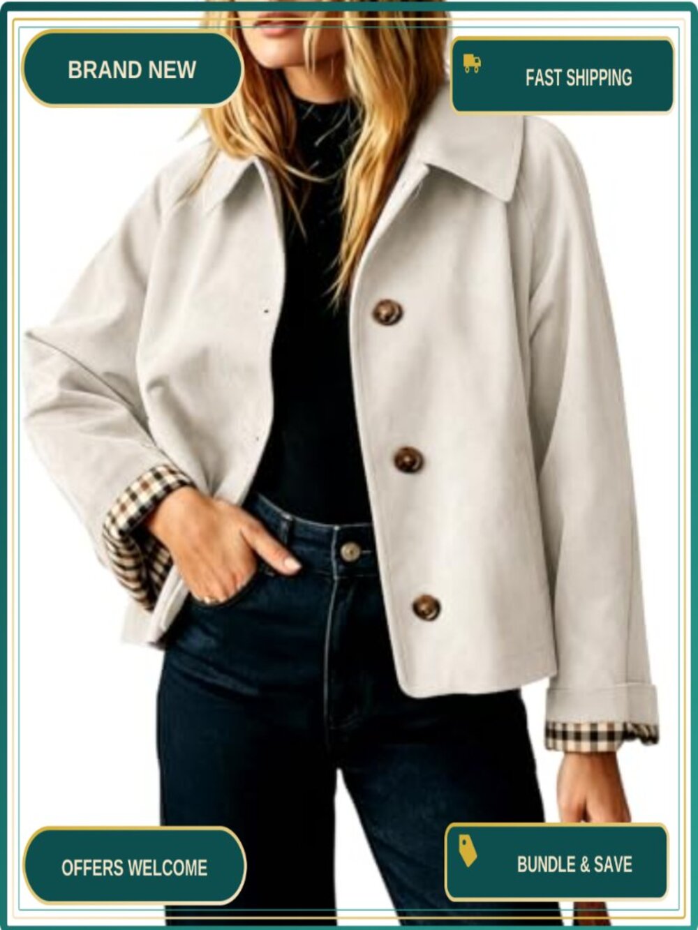 Faux Suede Cropped Trench Coat Plaid Lined Cuffs Women's